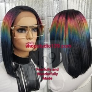 Human hair lace front bob wig with highlights